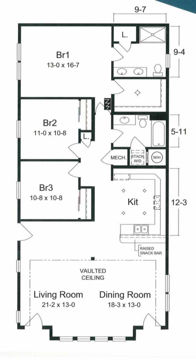 The Bayshore Costal home is an attractive one level, 3 bedroom, 2 bath home with a large vaulted ceiling. Comprised of two modular sections this 1576 square foot home is perfect for a 50 foot wide lot.